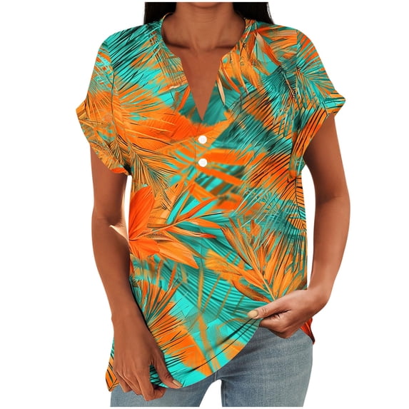 Zivyakyron V-Neck Tshirts Shirts for Women Short Sleeve Summer Tops for Women Loose Graphics Ruffle Raglan Button Tops