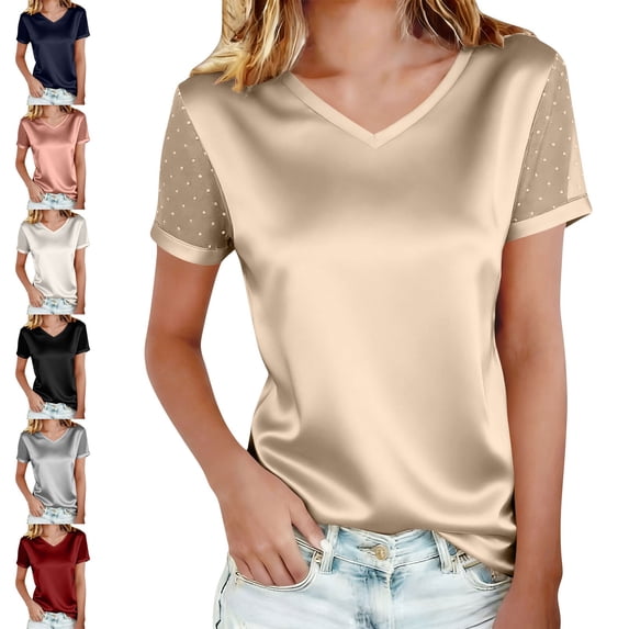 Zivyakyron V-Neck Tshirts Shirts for Women Short Sleeve Summer Tops for Women Loose Solid Tunic Casual Party Tops