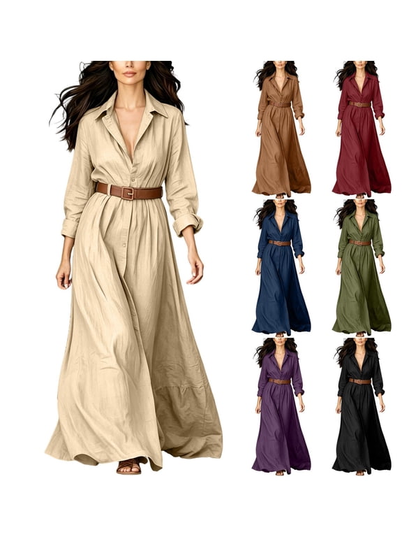 Vacation Dresses Women Collared Long Sleeve Solid Loose Button Front Belted Cotton Linen Maxi Dresses