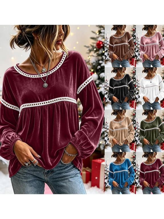 Velvet Blouses for Women Crew Neck Long Sleeve Party Ruffle Elegant Tops Fall Winter