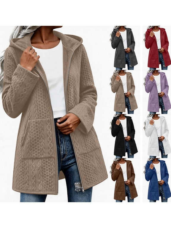 Womens Cardigan Hooded Long Sleeve Cable Knit Full Zip Thermal Cotton Sweater Loose Fall Winter Jacket