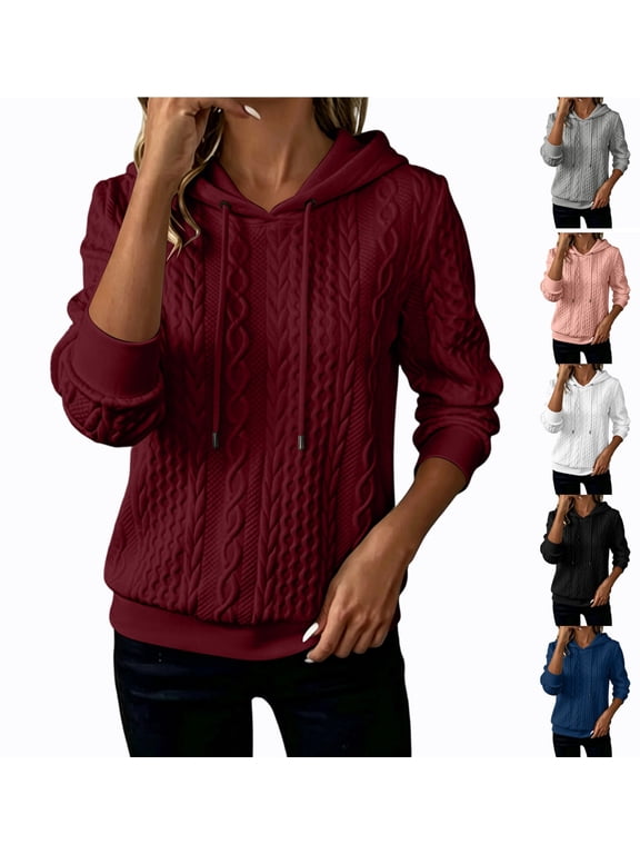 Womens Sweaters Hooded Long Sleeve Cable Knit Drawstring Pullover Solid Regular Fall Winter Tops