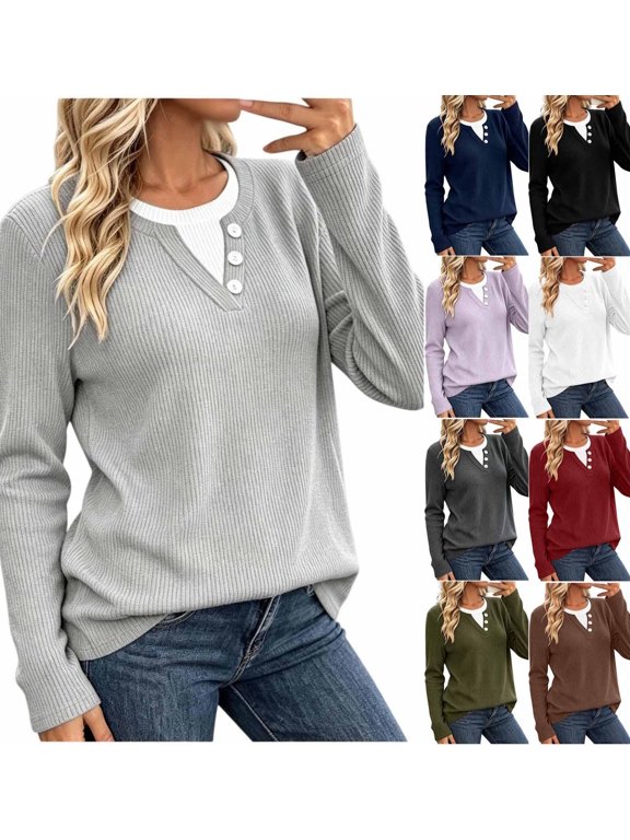 Womens T Shirts Long Sleeve Colorblock Loose Casual Ribbed Twofer Henley Fall Winter Pullover Tops