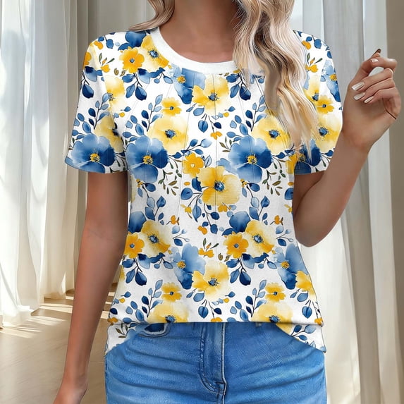 Zivyakyron Womens T Shirts Summer Short Sleeve Tops for Women Trendy Casual Vacation Loose Floral Tunic Tops