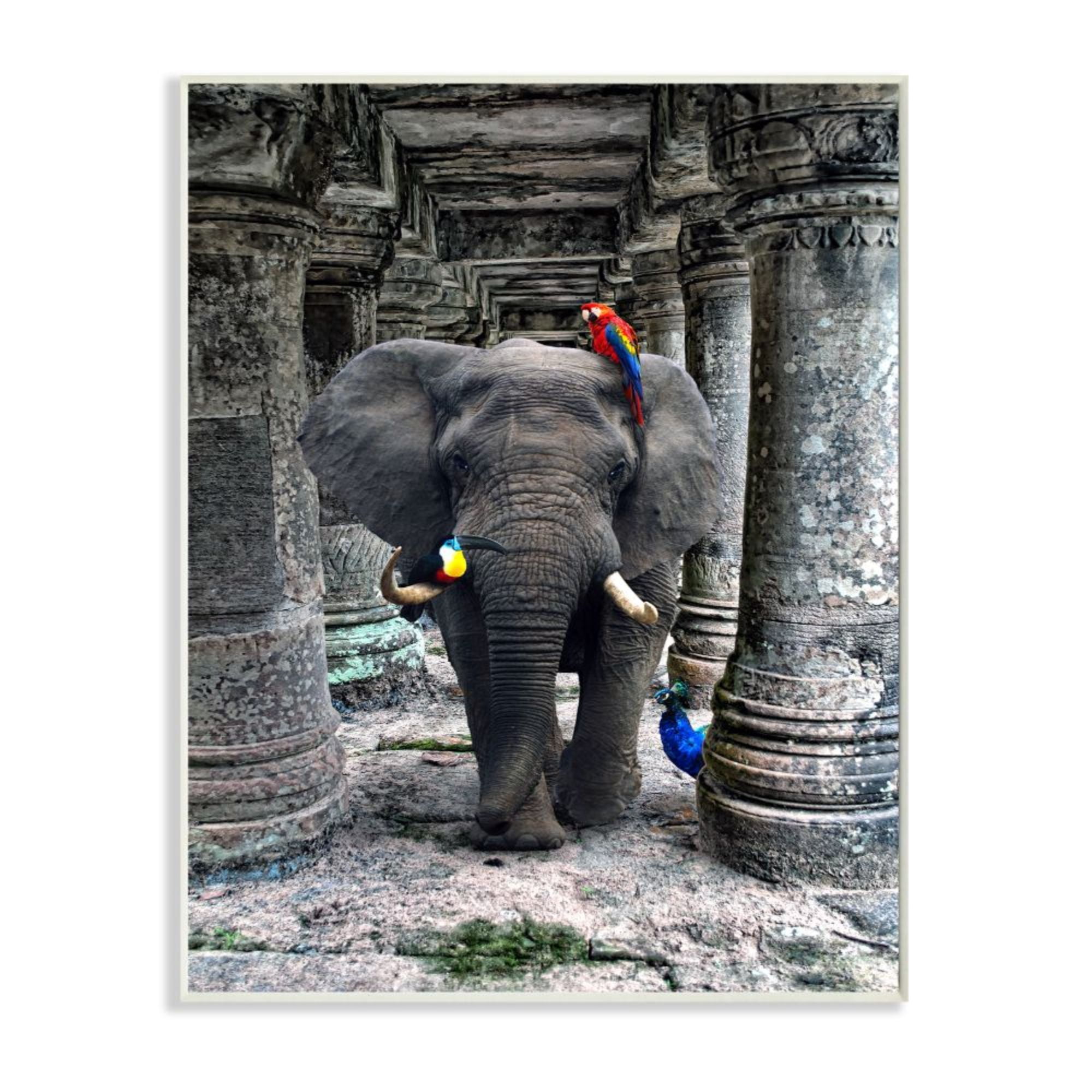 Stupell Industries Elephant and Jungle Birds Ornate Stone Columns Design by Ziwei Li