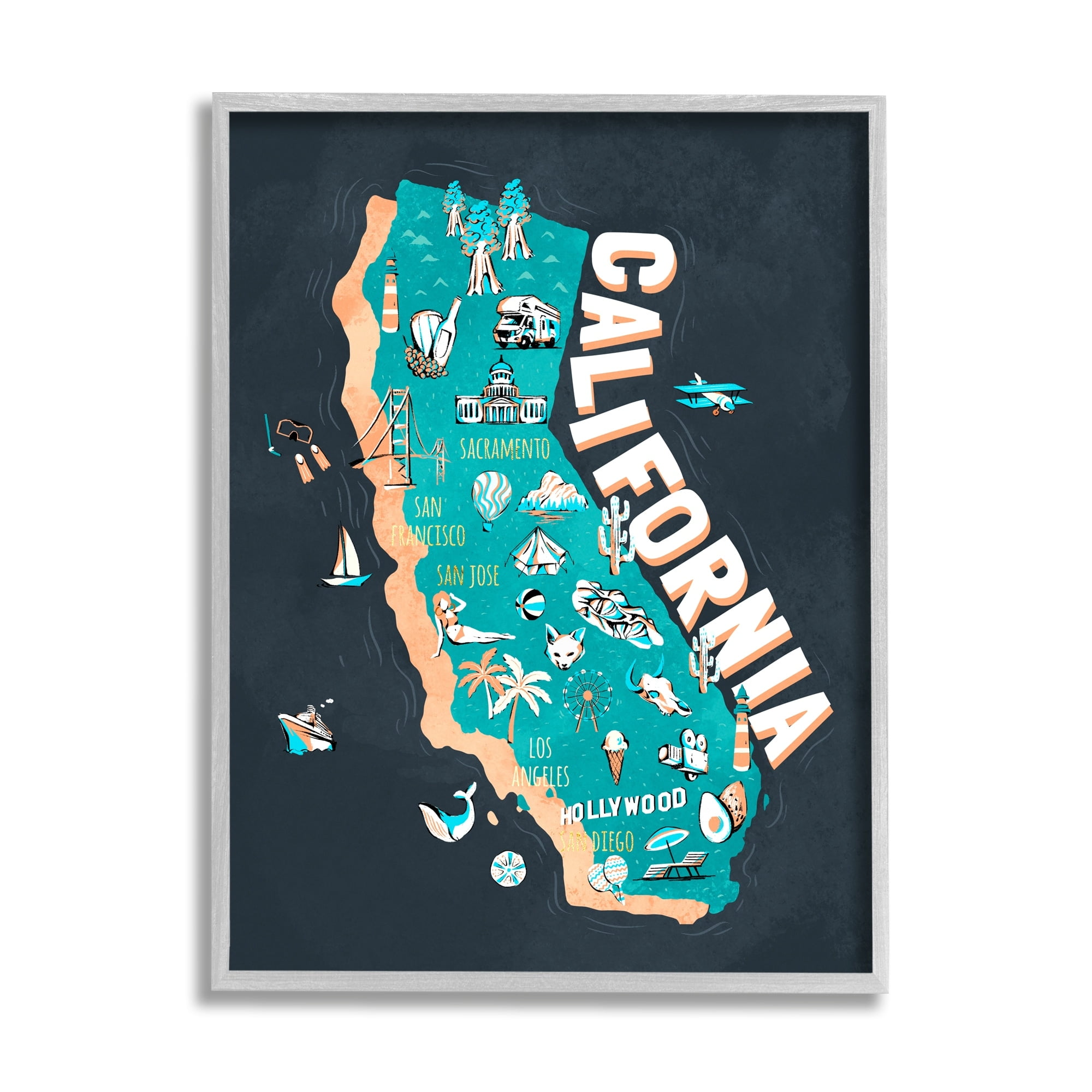 Ziwei Li Golden State Touristic Iconographic Landmarks Map 24" x 30" Framed Painting Art Prints by Stupell Home Décor