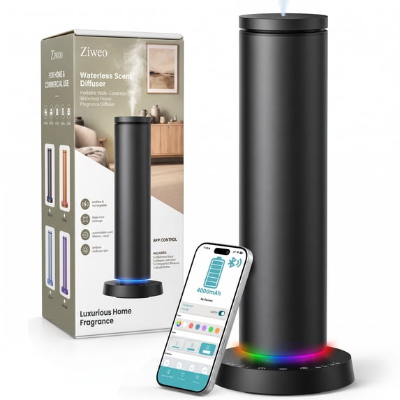 Ziweo Waterless Essential Oil Diffuser, Aluminum Cold Air Scent Machine for Home, App Control & 4000mAh Rechargeable Battery, 2000 Sq Ft Coverage, Black