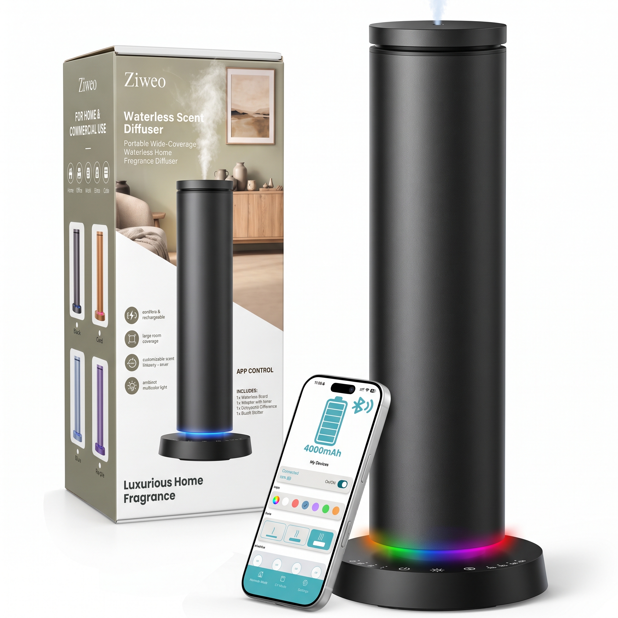 Ziweo Waterless Essential Oil Diffuser, Aluminum Cold Air Scent Machine for Home, App Control & 4000mAh Rechargeable Battery, 2000 Sq Ft Coverage, Black