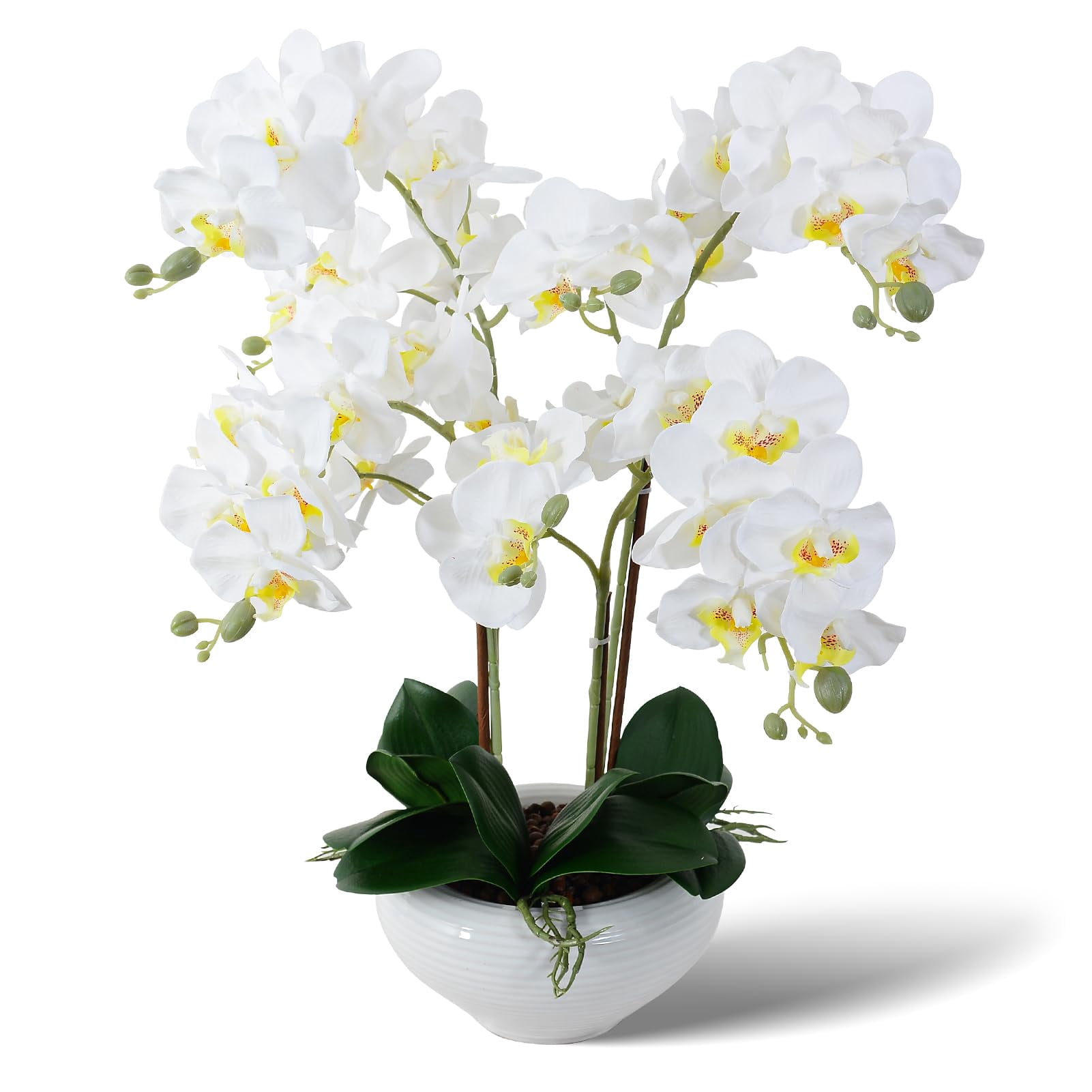 Artificial Orchid Plant With Vase - 19 Inch Real Touch Fake Phalaenopsis In White Ceramic Pot, White & Purple