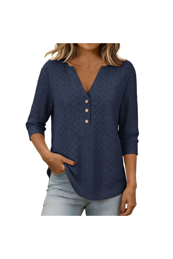 Boho Shirts for Women V Neck Eyelet 3/4 Length Sleeve V Neck Tops Summer Loose Pajama Casual Blouses