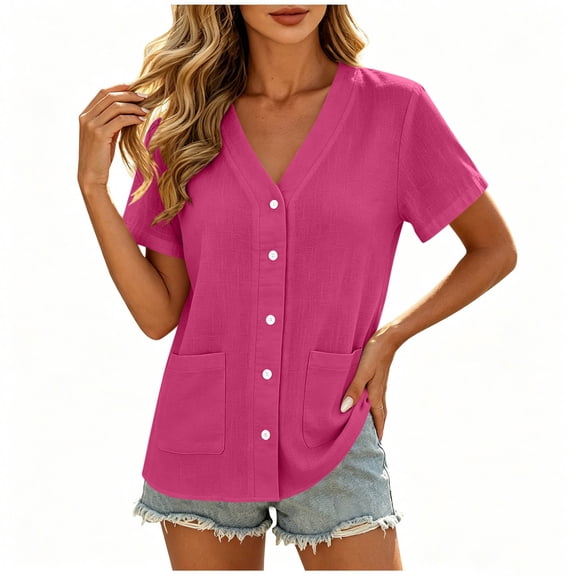 Ziynglg Cotton Linen Blouses for Women V Neck Loose Shirts Summer Fashion Casual Tops Button Down T-Shirts with Pocket