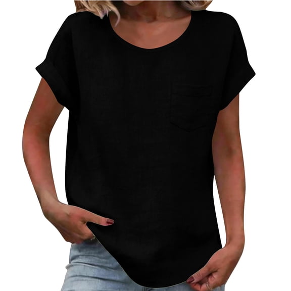 Ziynglg Cotton Linen T-Shirts for Women Summer Short Sleeve Crew Neck Casual Tops Loose Beach Vacation Blouses with Pocket