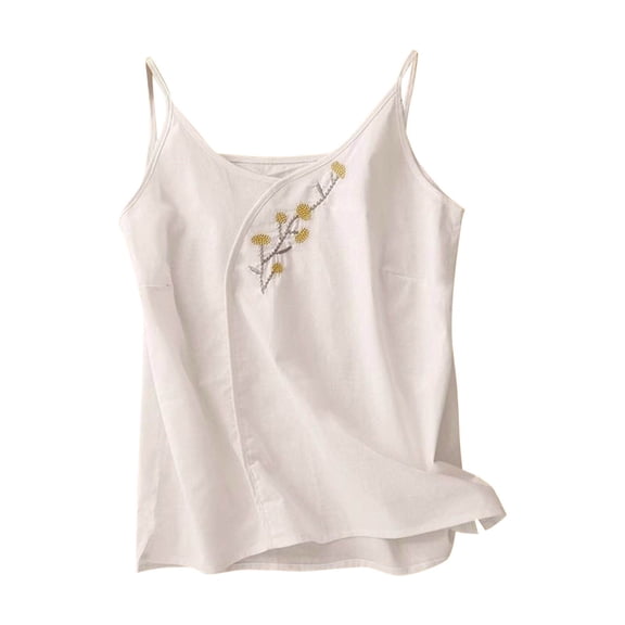 Ziynglg Cotton Linen Tank Tops for Women Sleeveless Retro Embroidered Casual Camisole Tops Summer Loose Beach Shirts