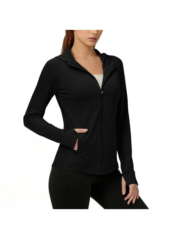 Long Sleeve Athletic Jacket for Women Sun Protection Full Zip Workout Tops Hiking Outdoor Sweatshirts with Pockets