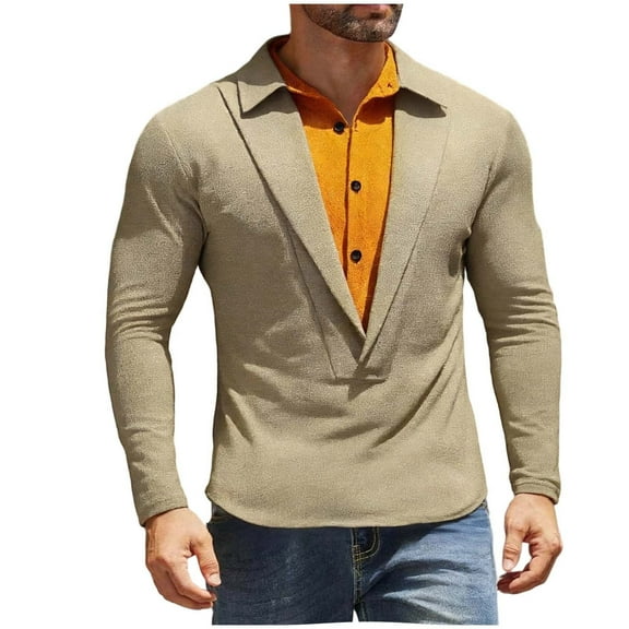 Ziynglg Long Sleeve Button-Down Shirts for Men Solid Color Patchwork Lapel Buttons Mens Blouse