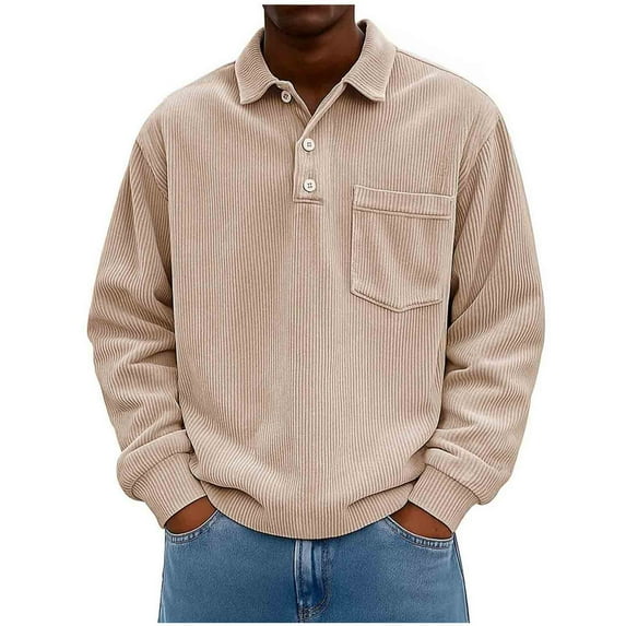 Ziynglg Men's Shirts Corduroy Solid Color Button Lapel Long Sleeve Casual Tops for Men with Pocket