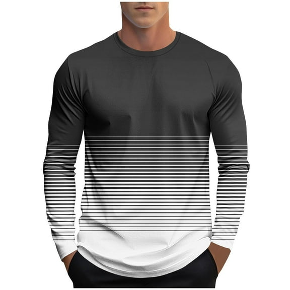 Ziynglg Men's Shirts Pullover Striped Printed Round-Neck Long Sleeve Casual Tops for Men