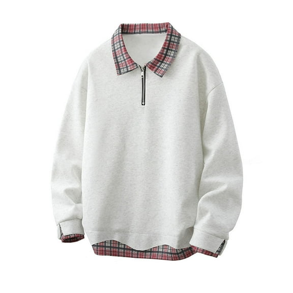 Ziynglg Men's Shirts Solid Color Patchwork Checkered Printed Folding Collar Zipper Long Sleeve Casual Tops for Men