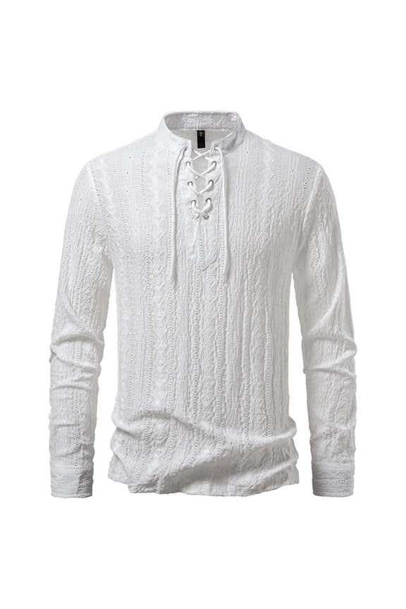 Men's Shirts Solid Color Standing Collar Strap Long Sleeve Casual Tops for Men