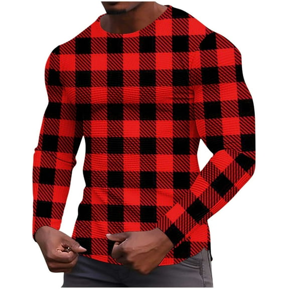 Ziynglg Men's Shirts Sports Checked Printed Round Neck Long Sleeve Casual Tops for Men