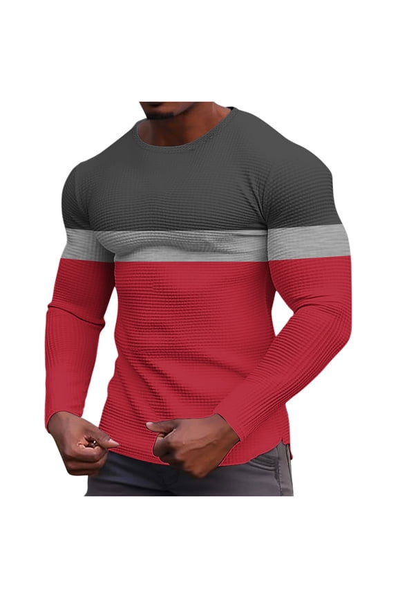 Men's Shirts Sports Color-blocked Round Neck Long Sleeve Casual Tops for Men