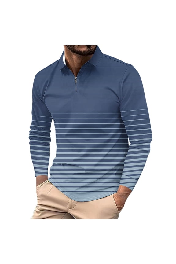 Men's Shirts Zipper Pullover Striped Printed Turndown Collar Lapel Long Sleeve Casual Tops for Men