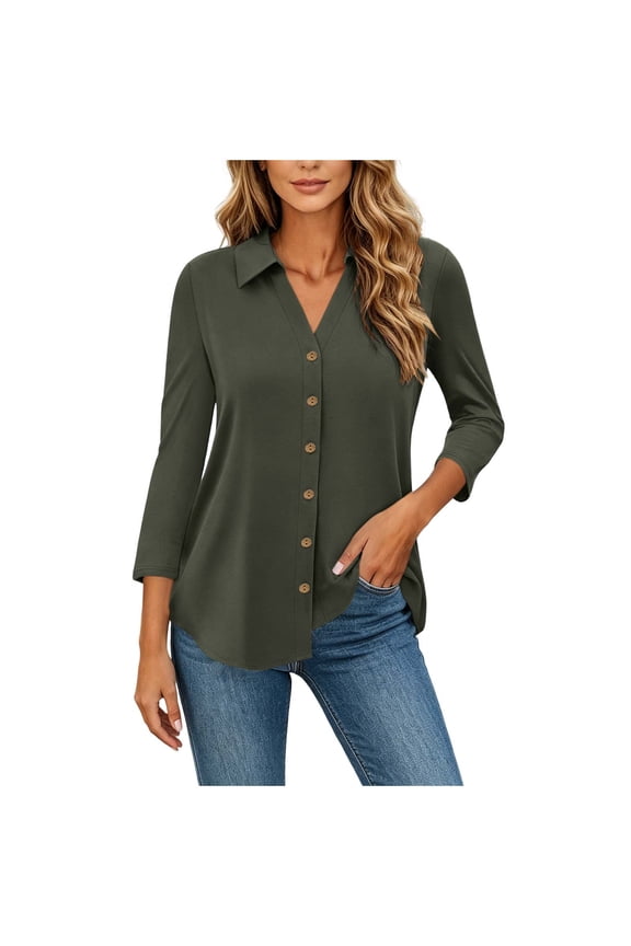 Shirts for Women Collared 3/4 Length Sleeve Tops Button Down Open Front Dressy Tops Summer Work Office Tops