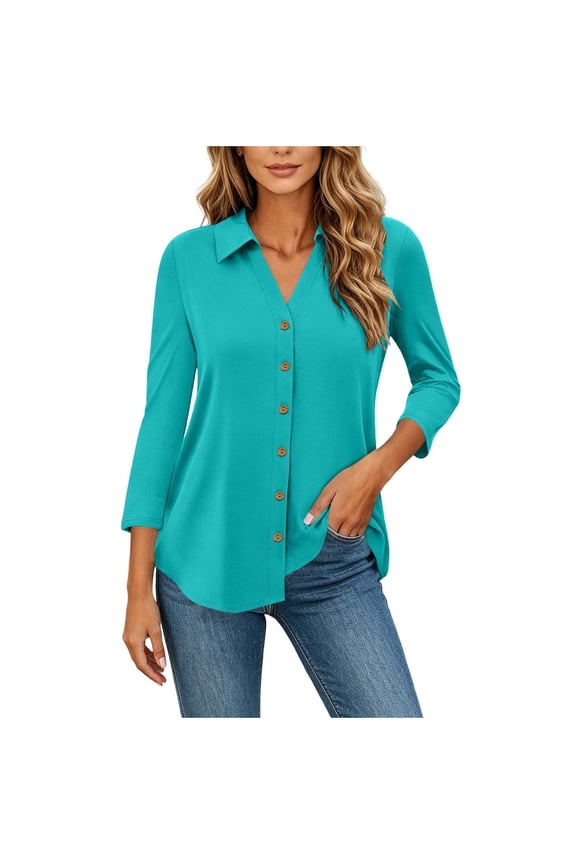 Shirts for Women Collared 3/4 Length Sleeve Tops Button Down Open Front Dressy Tops Summer Work Office Tops