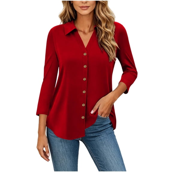 Ziynglg Shirts for Women Collared 3/4 Length Sleeve Tops Button Down Open Front Dressy Tops Summer Work Office Tops