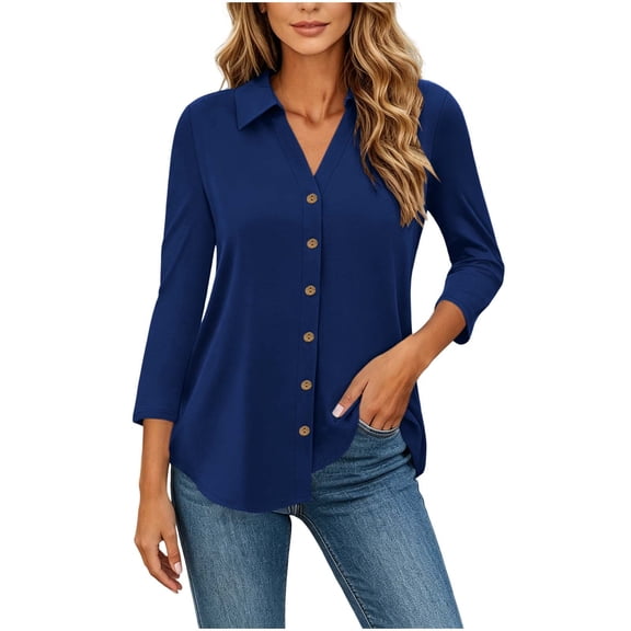Ziynglg Shirts for Women Collared 3/4 Length Sleeve Tops Button Down Open Front Dressy Tops Summer Work Office Tops