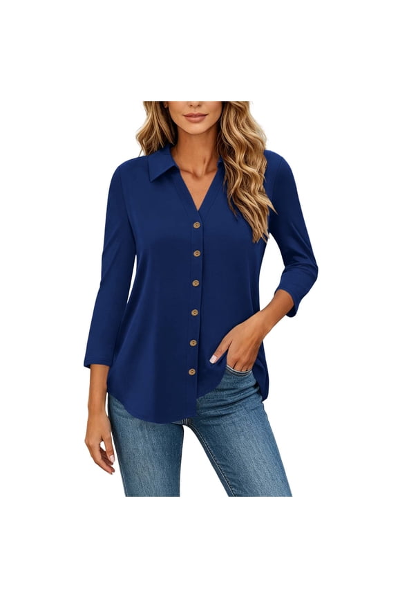 Shirts for Women Collared 3/4 Length Sleeve Tops Button Down Open Front Dressy Tops Summer Work Office Tops