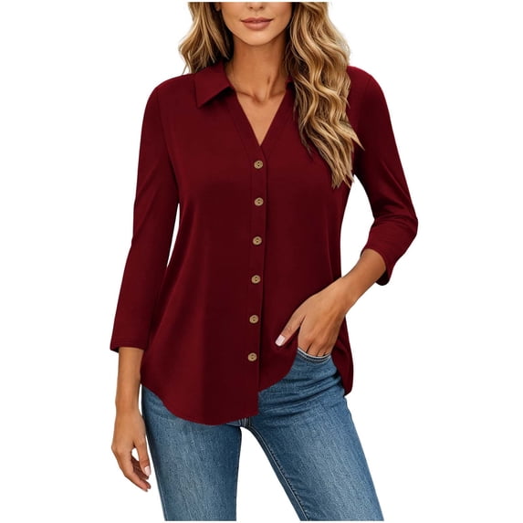Ziynglg Shirts for Women Collared 3/4 Length Sleeve Tops Button Down Open Front Dressy Tops Summer Work Office Tops
