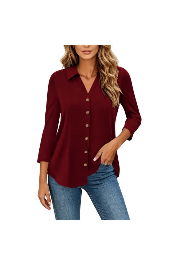 Shirts for Women Collared 3/4 Length Sleeve Tops Button Down Open Front Dressy Tops Summer Work Office Tops