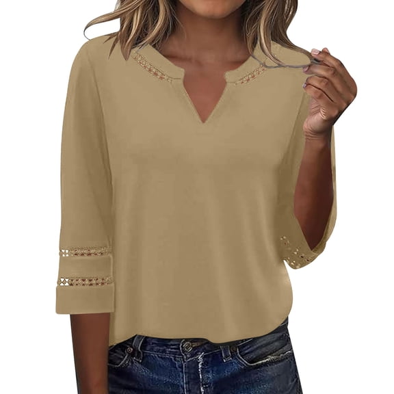 Ziynglg Tops for Women 3/4 Length Sleeve Notch Neck Shirts Lace Trim Cutout Loose Tops Solid Color Work Office Tops