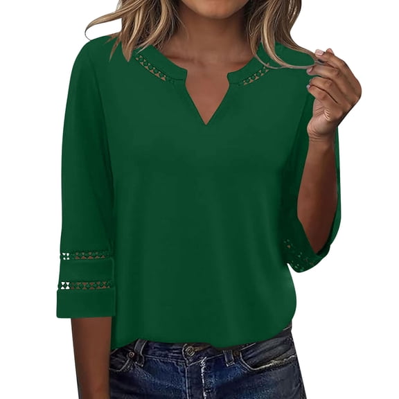 Ziynglg Tops for Women 3/4 Length Sleeve Notch Neck Shirts Lace Trim Cutout Loose Tops Solid Color Work Office Tops