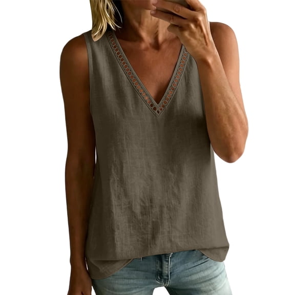 Ziynglg Tops for Women Sleeveless V Neck Lace Trim Tops Fashion Casual Lightweight Tops Beach Vacation Tops