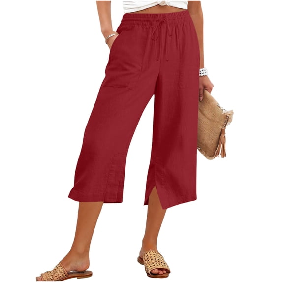 Ziynglg Women's Summer Linen Capri Pants Straight Leg Pants with Side Pockets Loose Drawstring Capri Pants