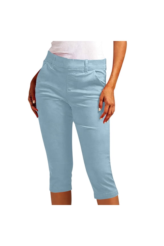 Womens High Waist Capri Jeggings Stretch Slim Solid Color Cropped Pants Casual Business Straight Pants
