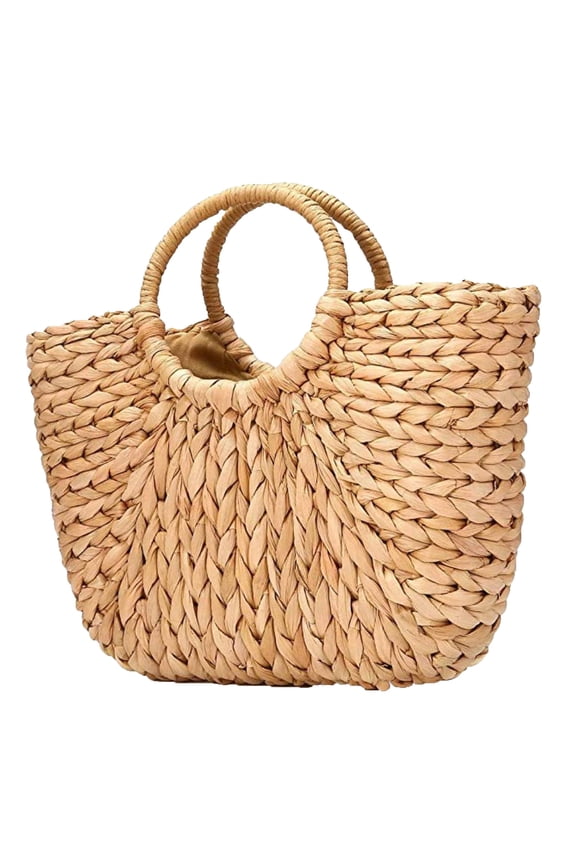 Portable Beach Bag - Semi-Circular Straw Basket Handbag with Drawstring, Summer Tote for Swimming, Picnic & Outdoor Travel