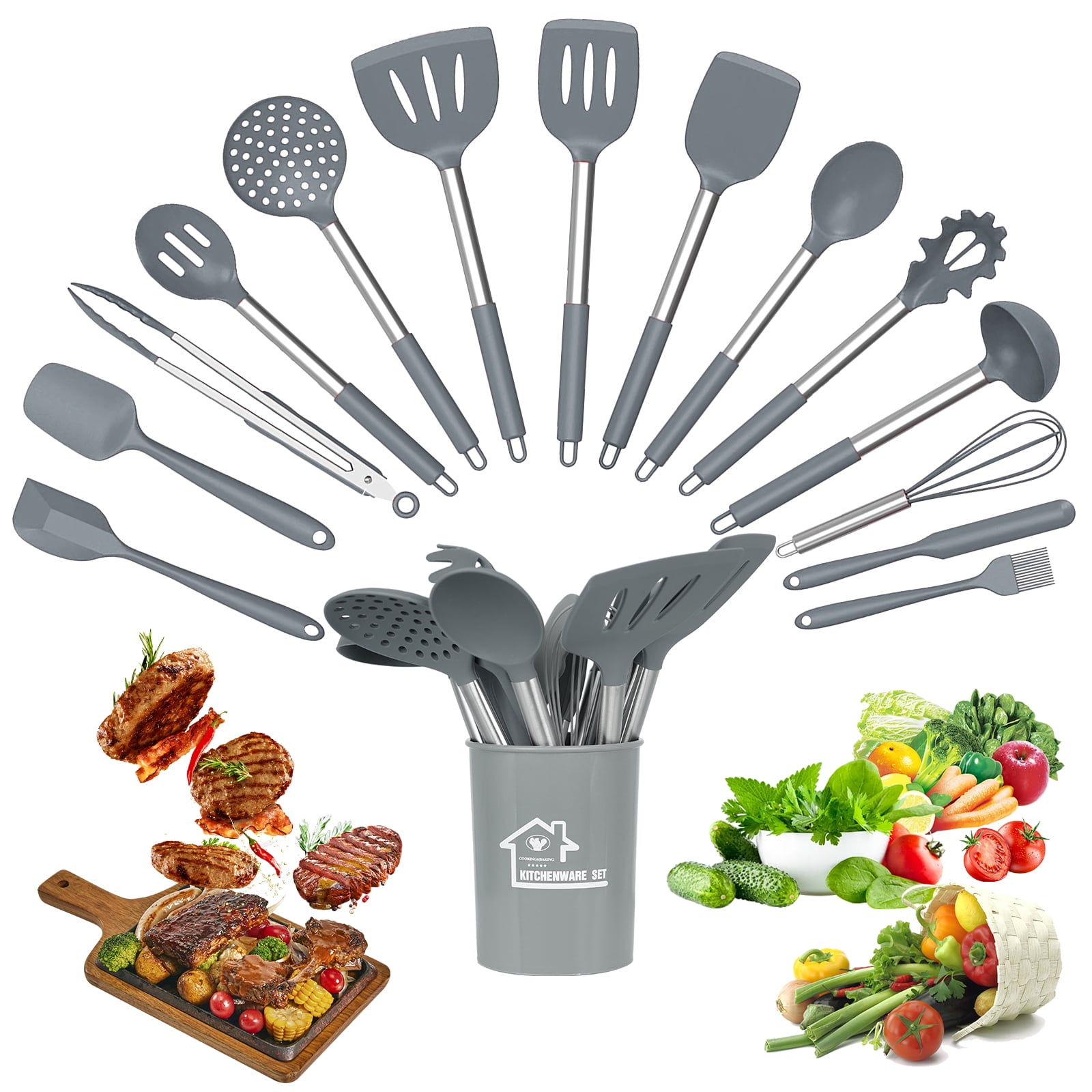 Zizin 15 Pcs Silicone Cooking Utensil Set Stainless Steel Handles Kitchen Food Grade NonStick