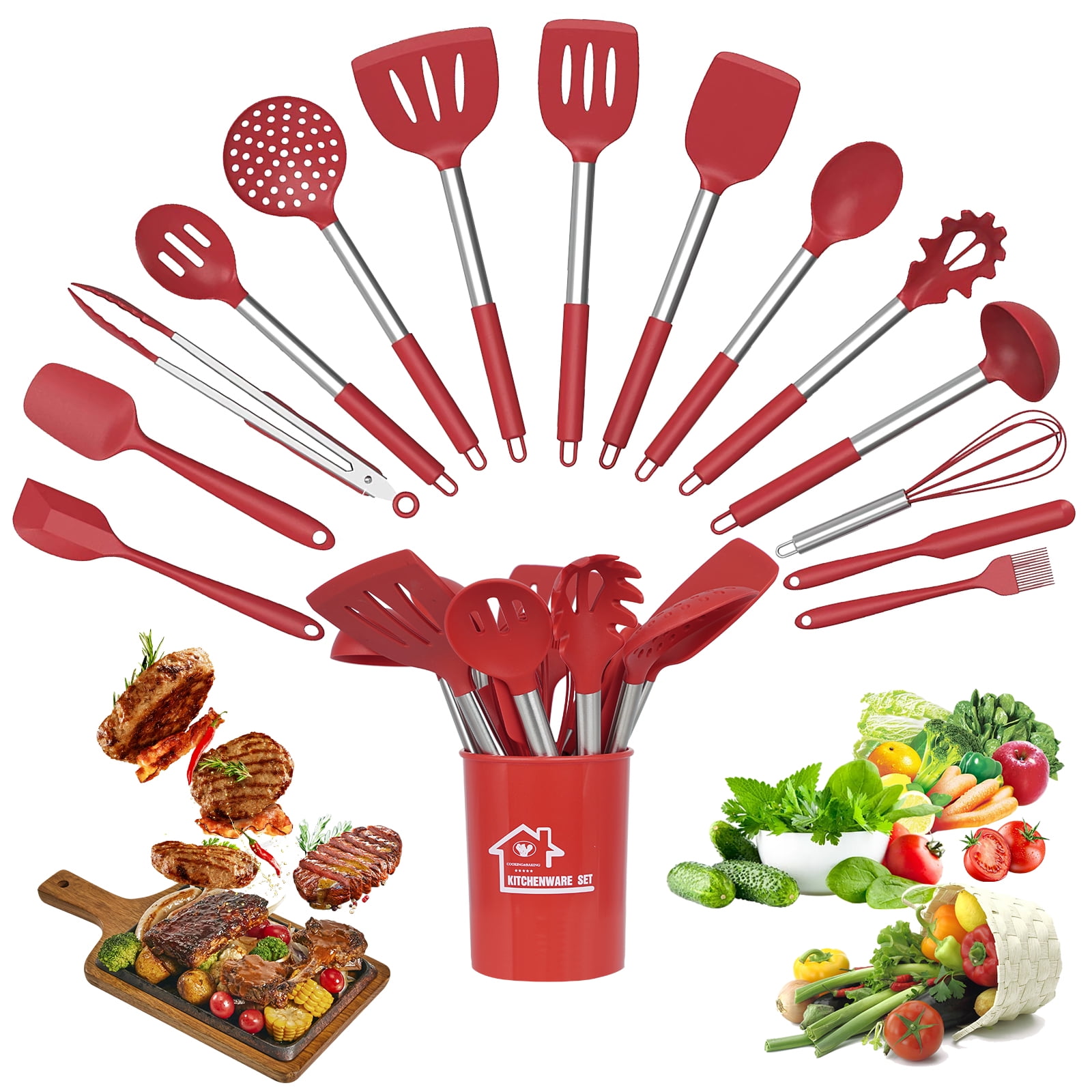 Zizin 15 Pcs Silicone Cooking Utensil Set Stainless Steel Handles