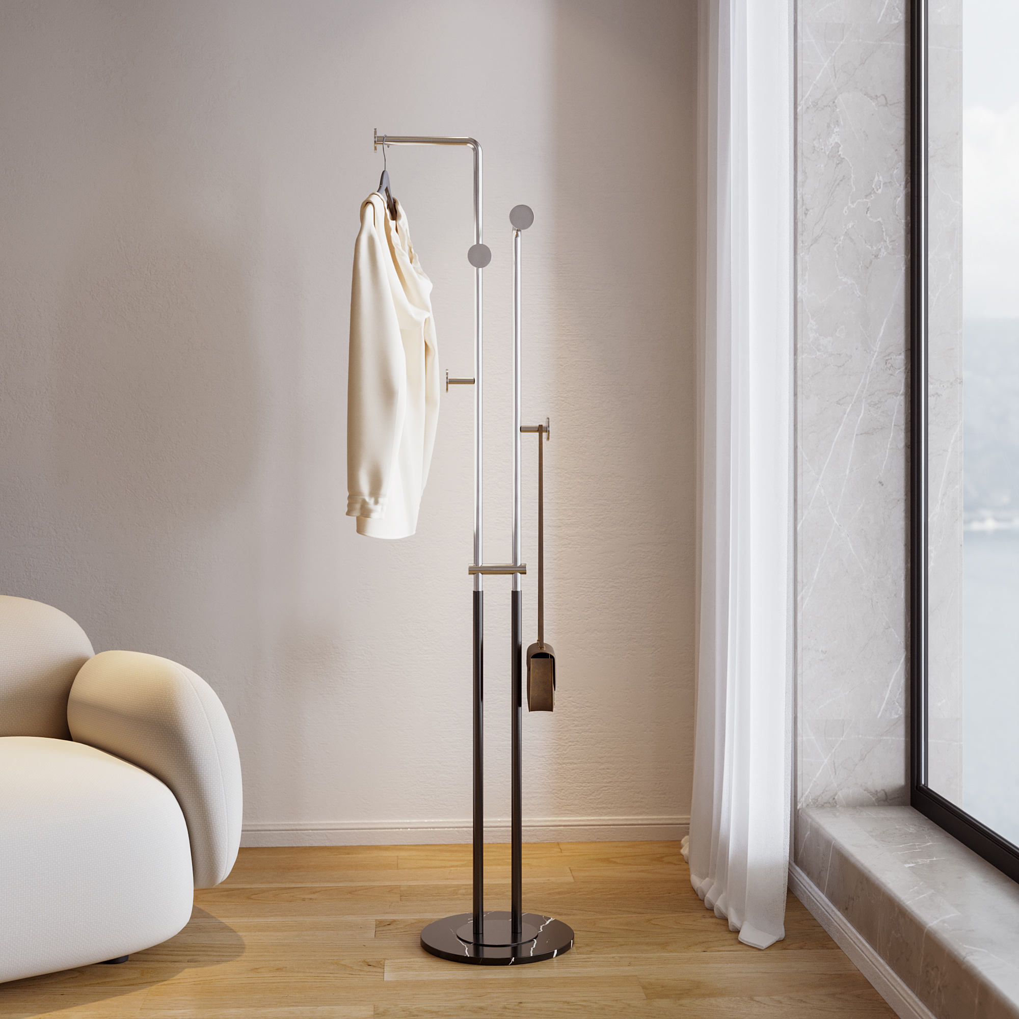 Zober Premium Wooden Coat Rack Free Standing, With 6 Hooks Lacquered