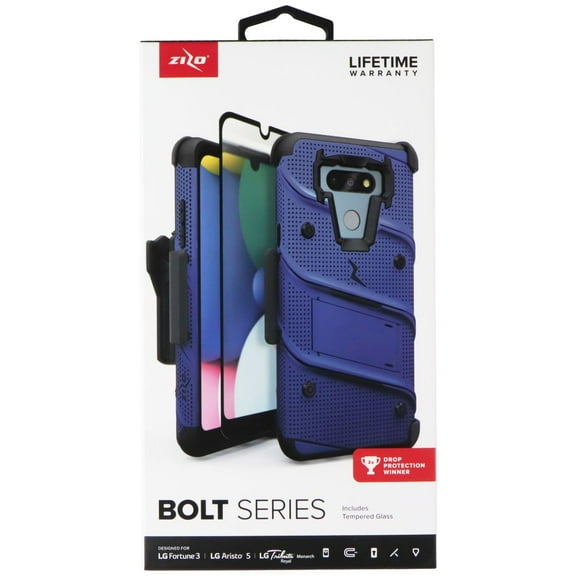 Zizo BOLT Series for LG Fortune 3 Case with Screen Protector Kickstand Holster Lanyard - Blue & Black