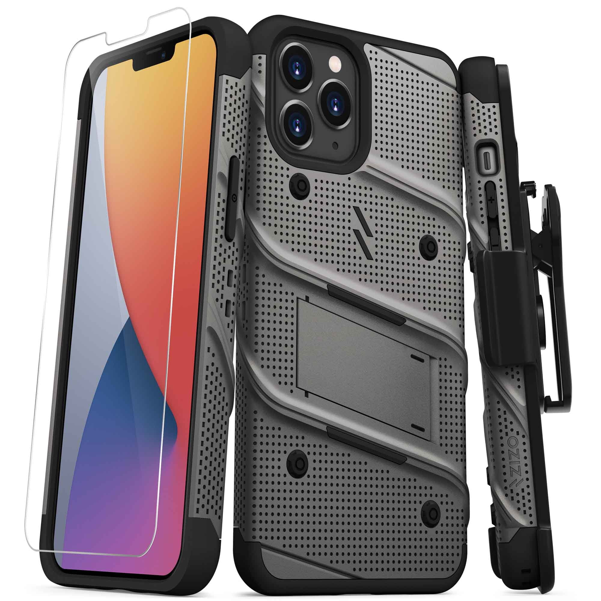 Zizo BOLT Series for iPhone 12 Pro Max Case with Screen Protector Kickstand Holster Lanyard - Gun Metal Gray