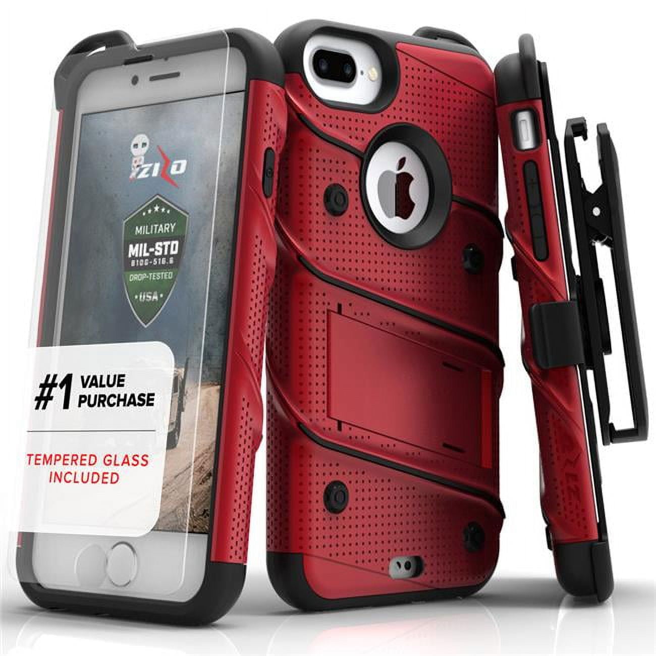 Zizo Apple iPhone 8 - Bolt Heavy-Duty Rugged Case - Holster and Screen Combo - Red/Black