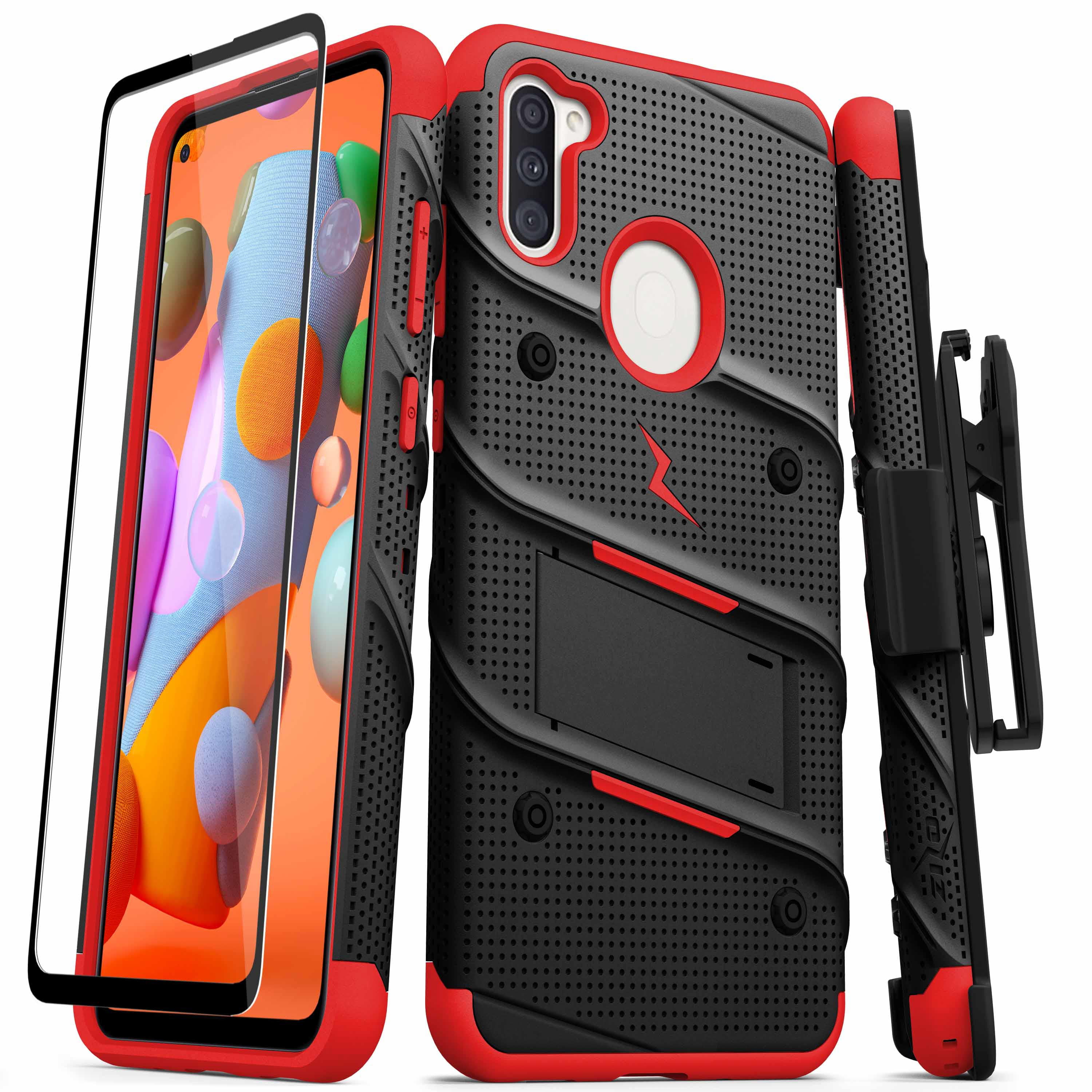 Zizo Bolt Series Samsung Galaxy A11 Case with Screen Protector Kickstand Holster Lanyard - Black & Red