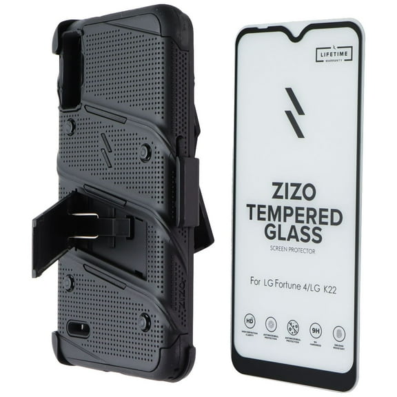 Zizo Bolt Series for LG K22 Case with Screen Protector Kickstand Holster Lanyard - Black