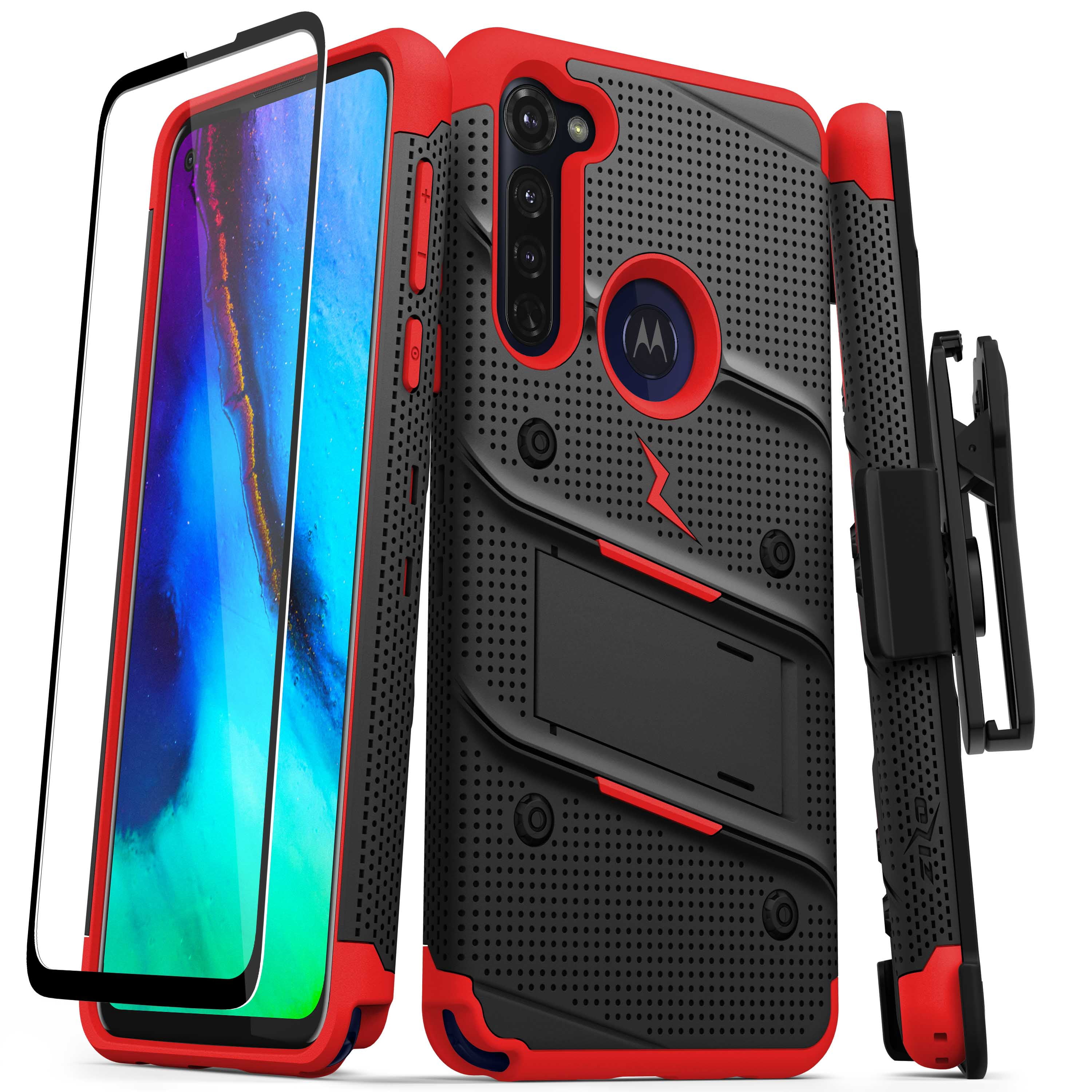 Zizo Bolt Series for Moto G Stylus (2020) Case with Screen Protector Kickstand Holster Lanyard - Black & Red