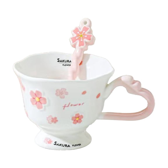Zjdatm Flower Ceramic Coffee Mug, Mom's Day Sakura Tea Cup Gift, Cherry Blossom Mugs with Spoon & Heart Handle for Birthday Thanksgiving Christmas Gifts