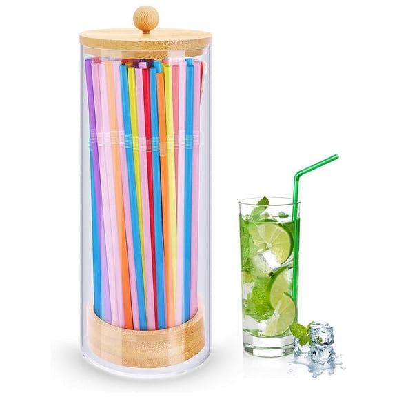Zjh Straw Holder Dispenser for Counter - Drinking Straw Dispenser with Bamboo Lid for Standard Straws, Straw Organizer